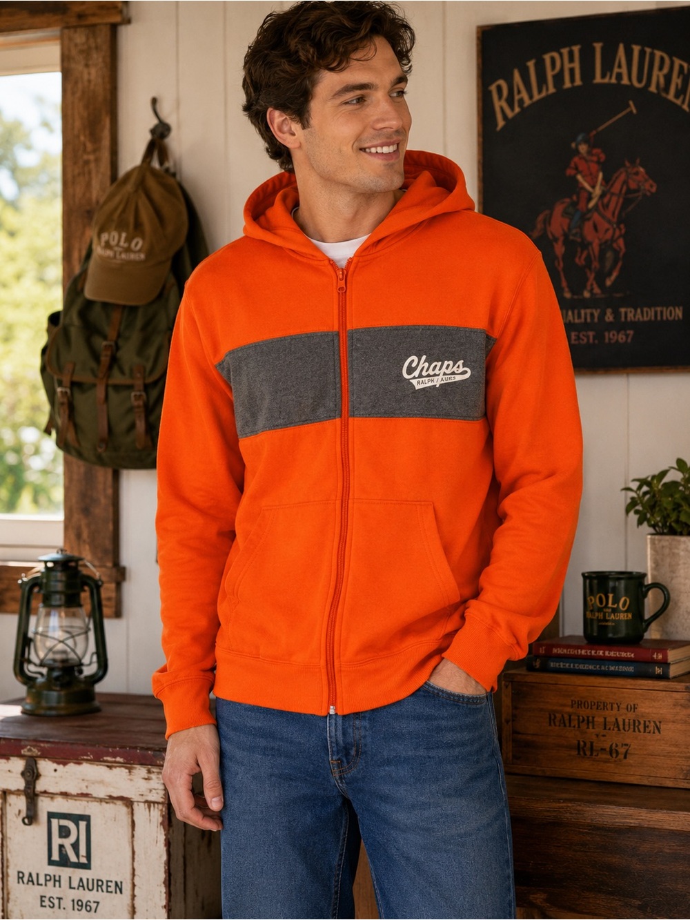 Vintage Chaps Ralph Lauren Full Zip Hoodie Men’s M Orange Logo Fleece Sweatshirt